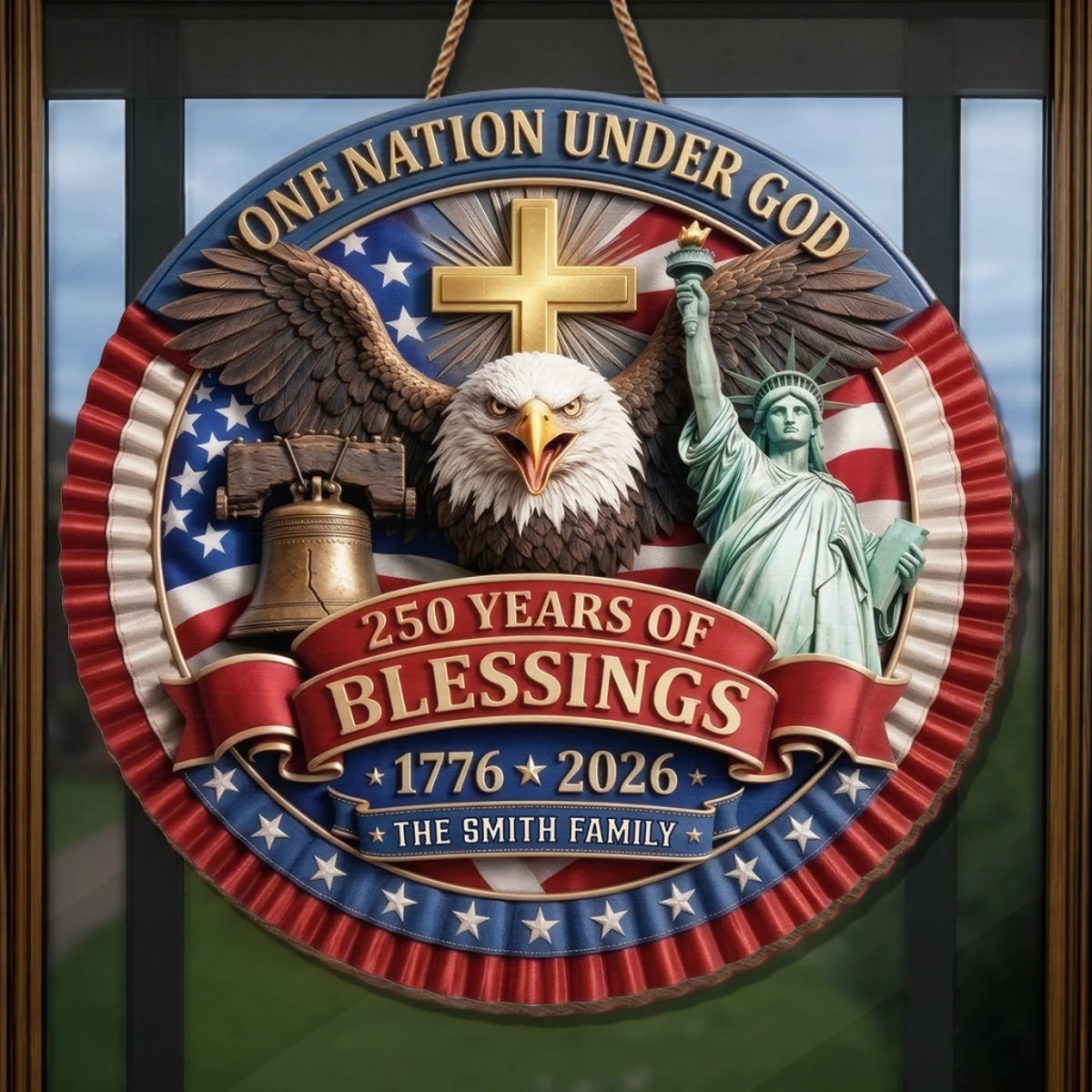 Custom Wood Sign - Personalized America 250th Anniversary Gifts For Mom, Dad, Brother, Sister, Kids - One Nation Under God