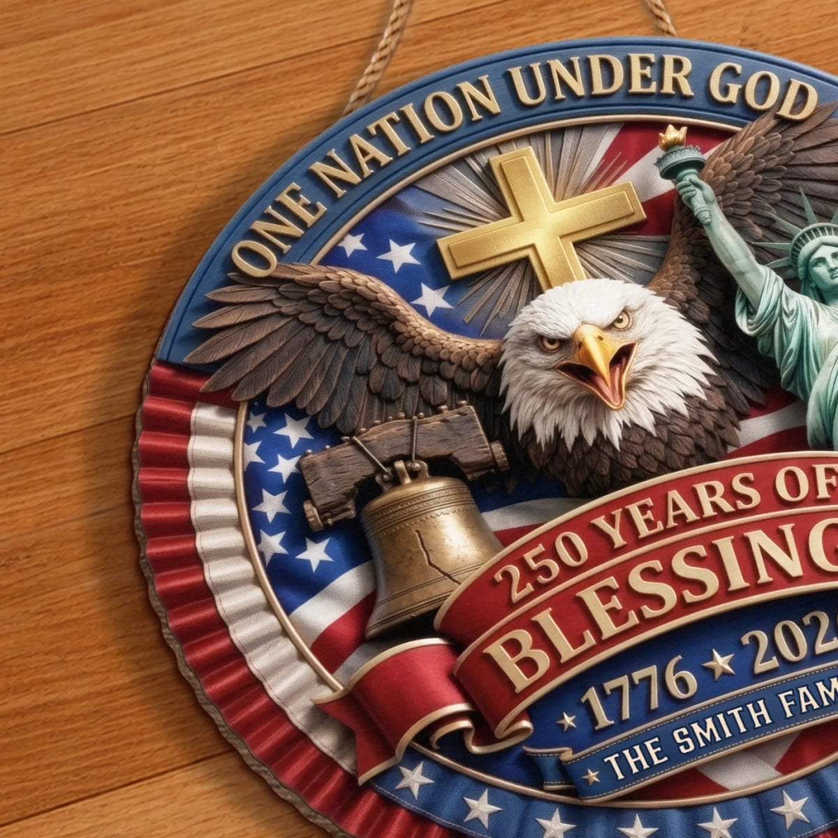 Custom Wood Sign - Personalized America 250th Anniversary Gifts For Mom, Dad, Brother, Sister, Kids - One Nation Under God