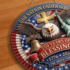 Custom Wood Sign - Personalized America 250th Anniversary Gifts For Mom, Dad, Brother, Sister, Kids - One Nation Under God