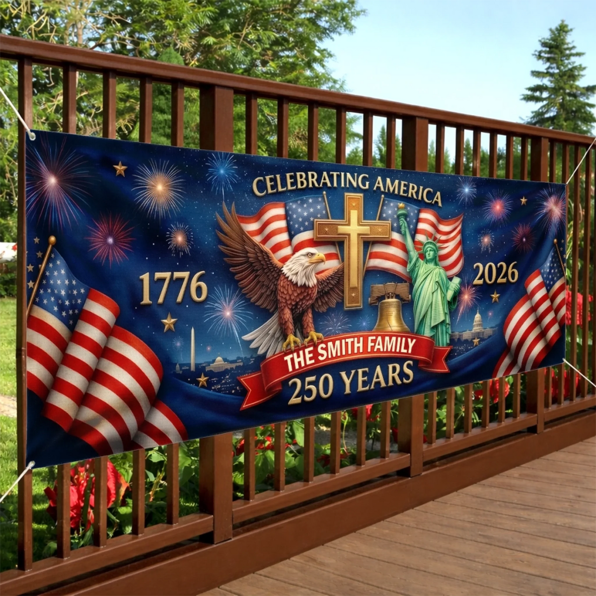 Custom Polyester Outdoor Banner - Personalized America 250th Anniversary Gifts For Mom, Dad, Brother, Sister, Kids - Proud Hearts Shine Bright