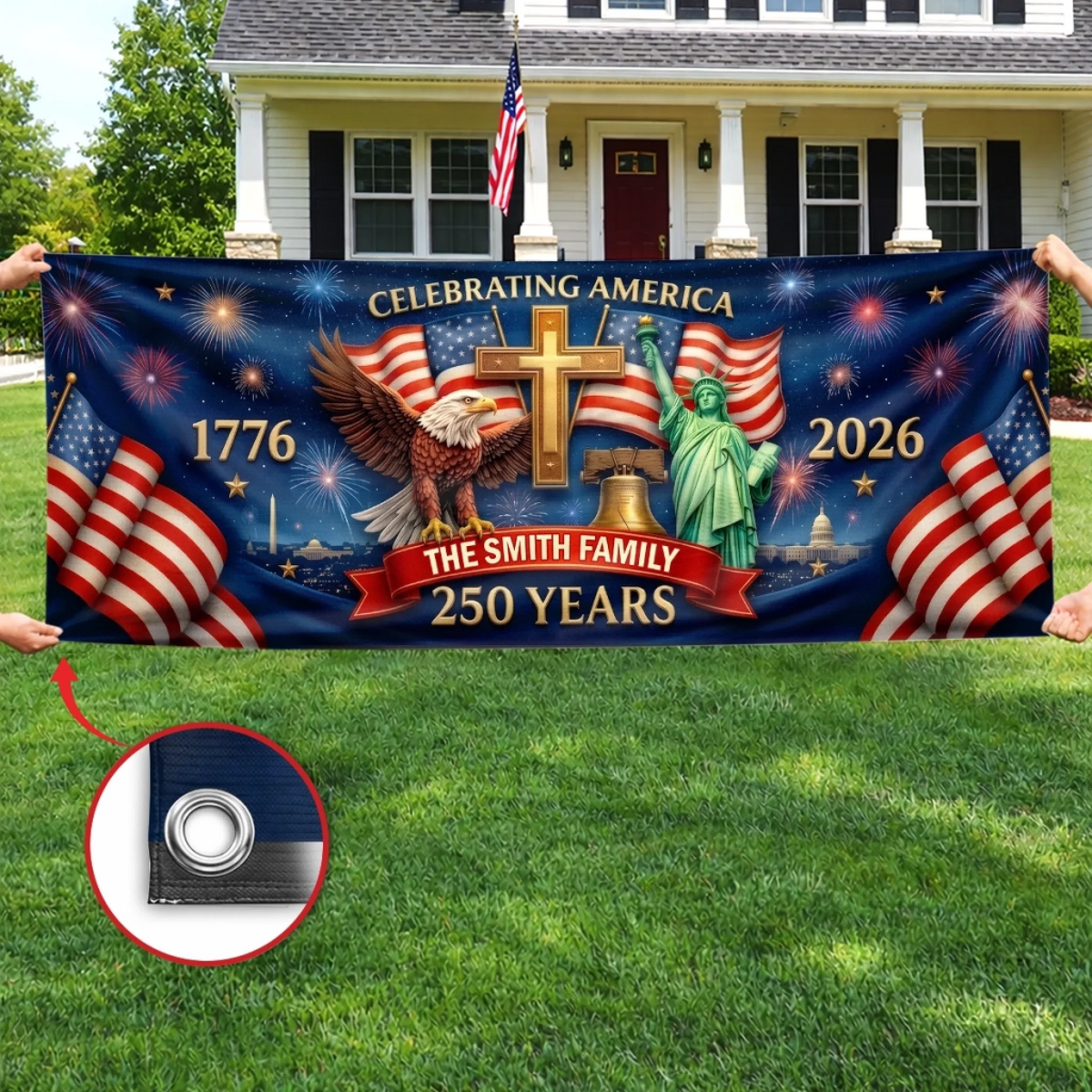 Custom Polyester Outdoor Banner - Personalized America 250th Anniversary Gifts For Mom, Dad, Brother, Sister, Kids - Proud Hearts Shine Bright
