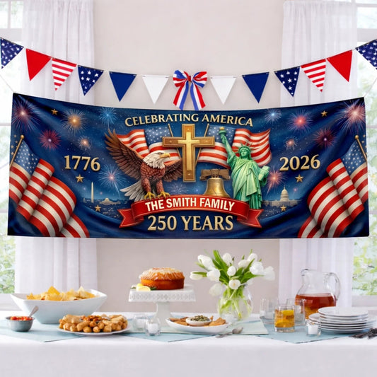 Custom Polyester Outdoor Banner - Personalized America 250th Anniversary Gifts For Mom, Dad, Brother, Sister, Kids - Proud Hearts Shine Bright