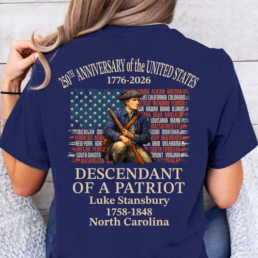 Custom Name Descendant of a Patriot Backside Shirt | Personalized 250 Years USA 1776–2026 T-Shirt