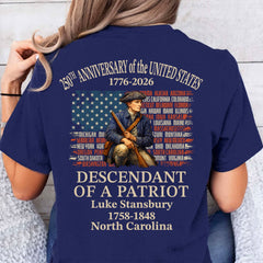 Custom Name Descendant of a Patriot Backside Shirt | Personalized 250 Years USA 1776–2026 T-Shirt