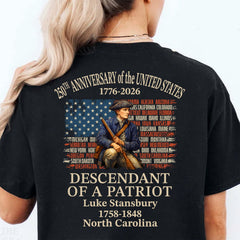 Custom Name Descendant of a Patriot Backside Shirt | Personalized 250 Years USA 1776–2026 T-Shirt