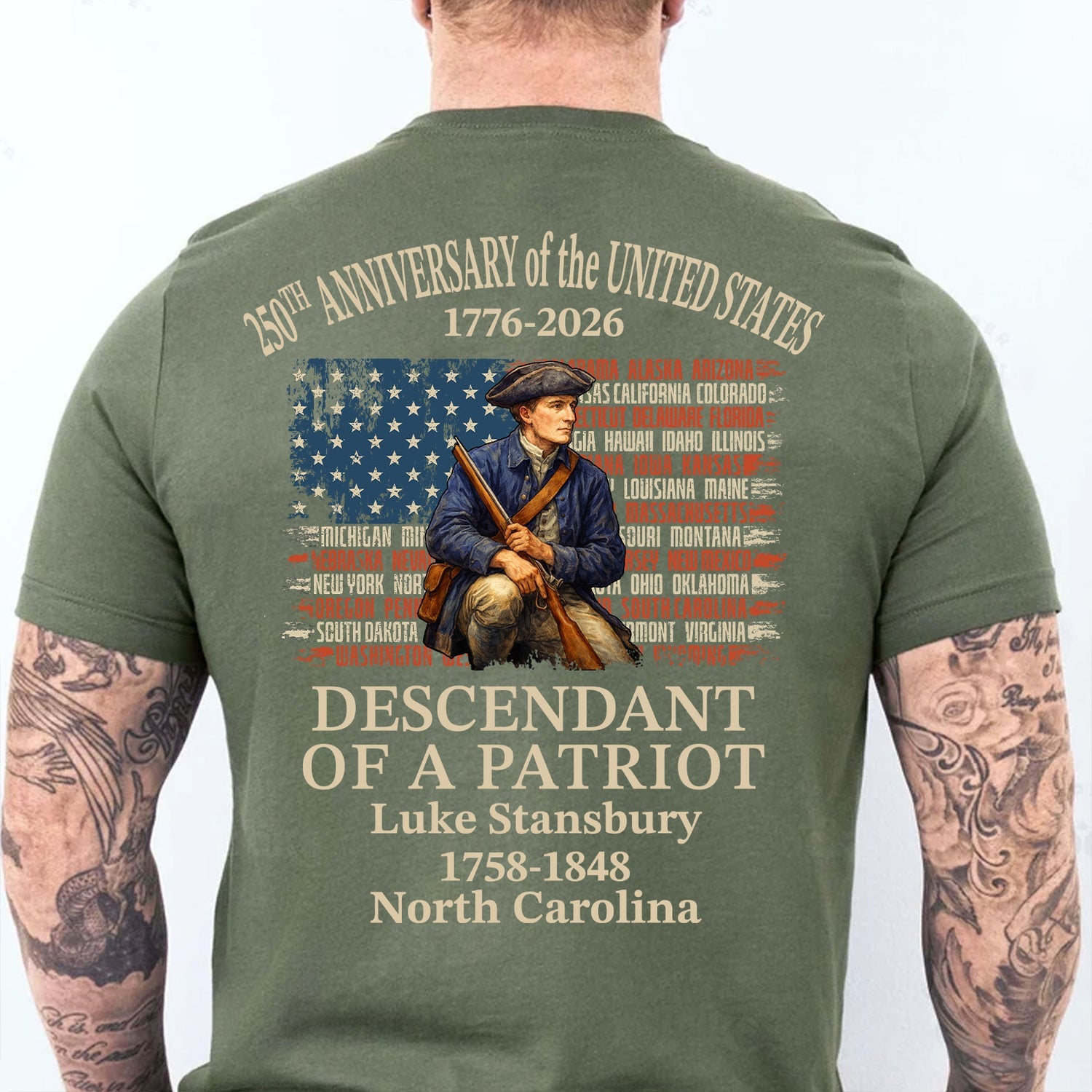 Custom Name Descendant of a Patriot Backside Shirt | Personalized 250 Years USA 1776–2026 T-Shirt