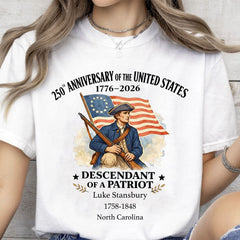 Personalized 250 Years of America Shirt, Custom Name Descendant of a Patriot, Patriotic 1776–2026 Tee
