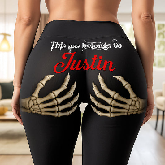 Edgy Skeleton Hand Print Black Leggings - "This Ass Belongs To" Gothic Graphic Yoga Pants - Spooky Season Streetwear