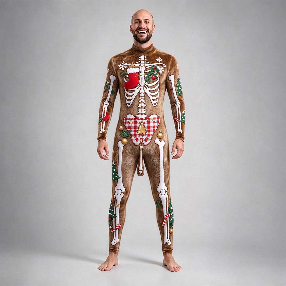 Christmas skeleton bodysuit in brown fur print with holly, bells and plaid heart bone accents, front view