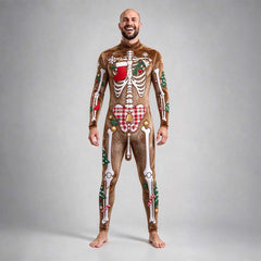 Christmas skeleton bodysuit in brown fur print with holly, bells and plaid heart bone accents, front view