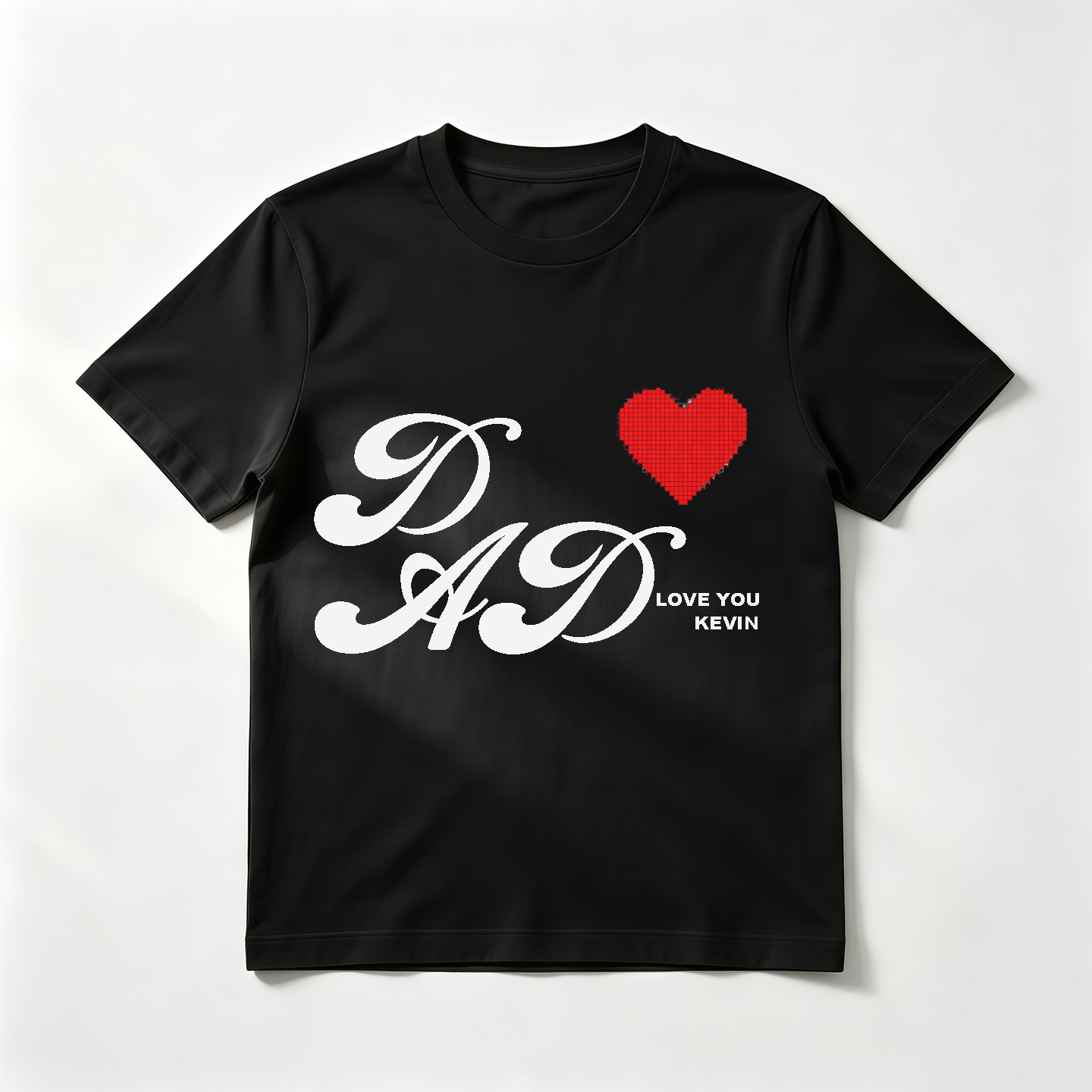 Custom Bold "DAD" Heart T-Shirt – Personalized "Love You" Name and Pixel Heart Tee – Stylish DIY Father's Day Appare