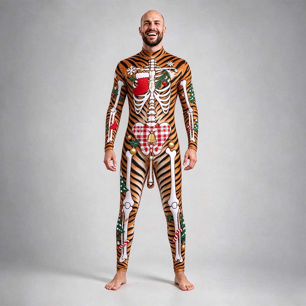 Christmas skeleton bodysuit in tiger stripe animal print with festive bone and holiday accents, front view
