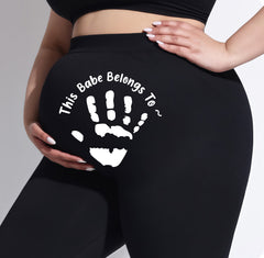 Pregnant woman's pants "This baby belongs to..." - Personalized names and palm prints impressions