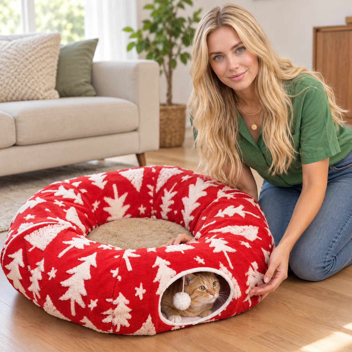 Christmas tree cat tunnel with cat, festive pet hideaway, product photo 2