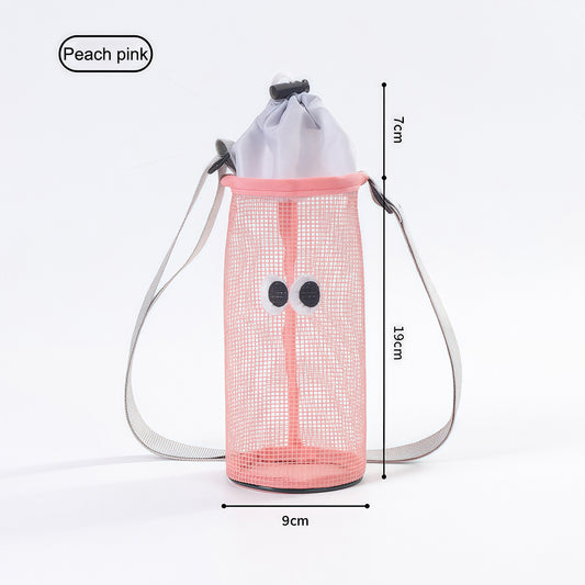Wire mesh drawstring bag for holding water cups, bottles and thermos cups. Single-shoulder crossbody bag.