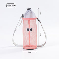 Wire mesh drawstring bag for holding water cups, bottles and thermos cups. Single-shoulder crossbody bag.