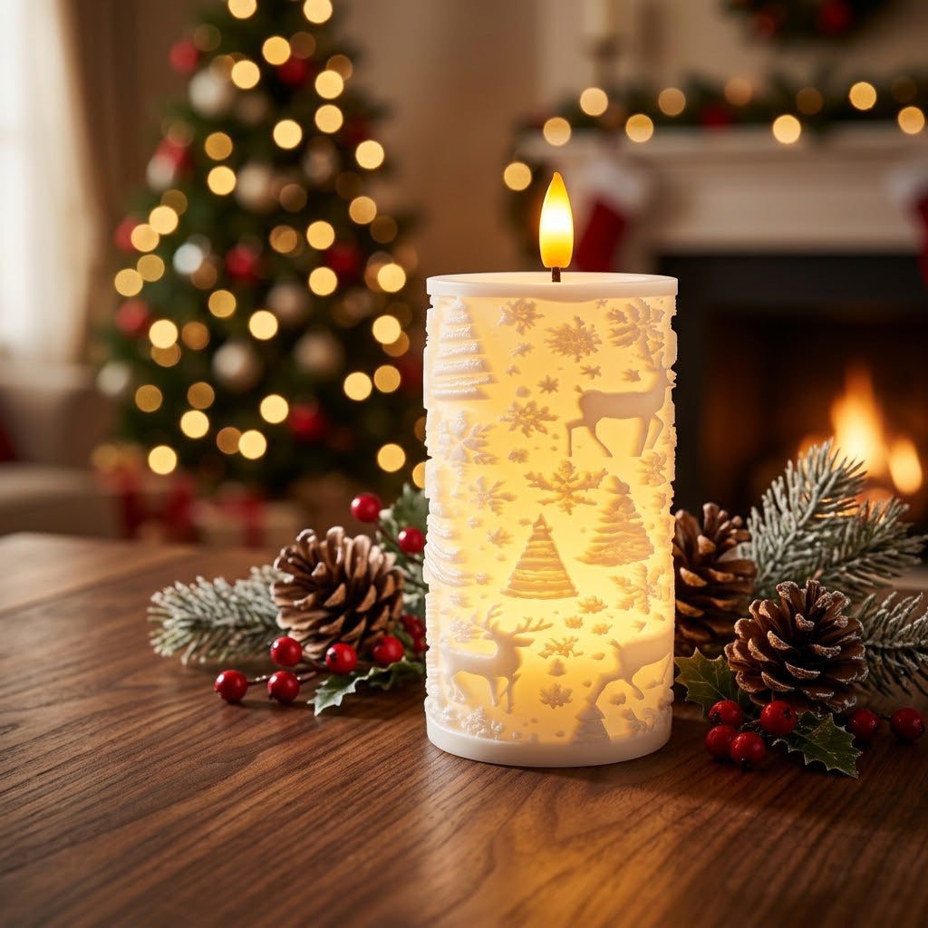 Christmas Embossed LED Flameless Candle, Flickering Realistic Flame, Snowflake Reindeer Tree Pattern, Battery Operated Pillar Candle for Xmas Home Table Decor, Holiday Gift