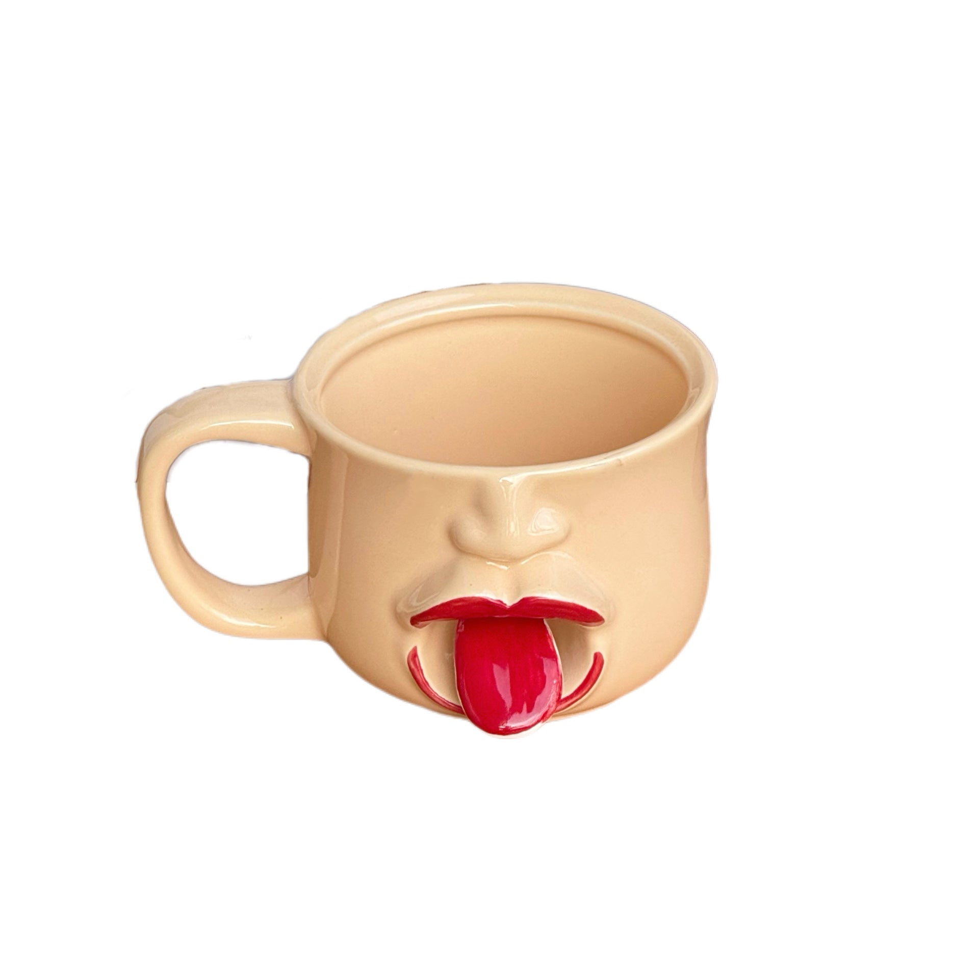 Weirdly shaped cup with a tongue sticking out - ceramic mug. A funny and amusing gift for pranks.