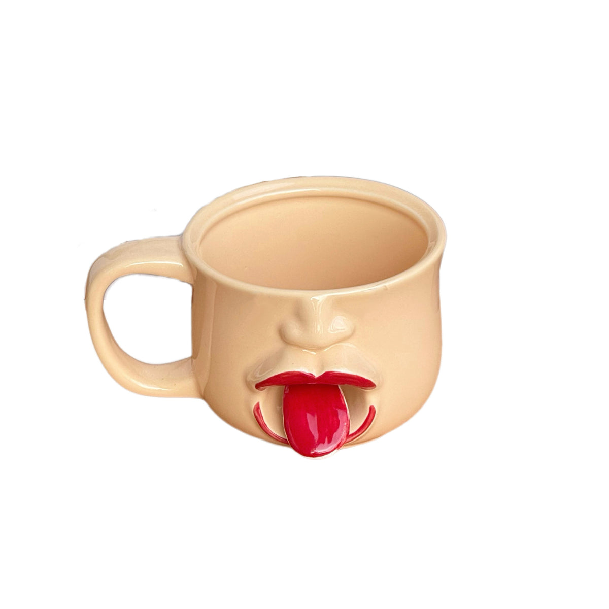 Weirdly shaped cup with a tongue sticking out - ceramic mug. A funny and amusing gift for pranks.