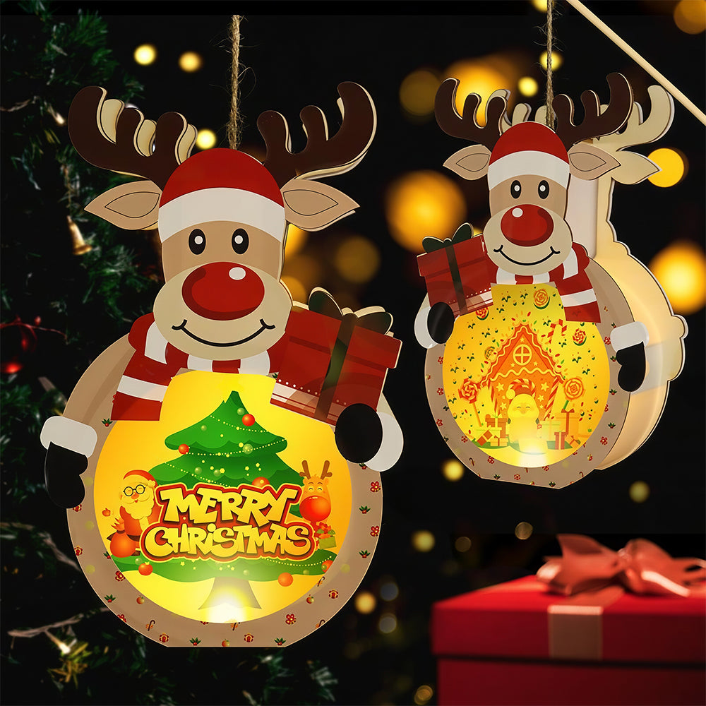 Lighted Wooden Reindeer Christmas Ornament, DIY Color Painting Elk Hanging Lamp, LED Wooden Christmas Tree Hanging Decoration for Holiday Decor