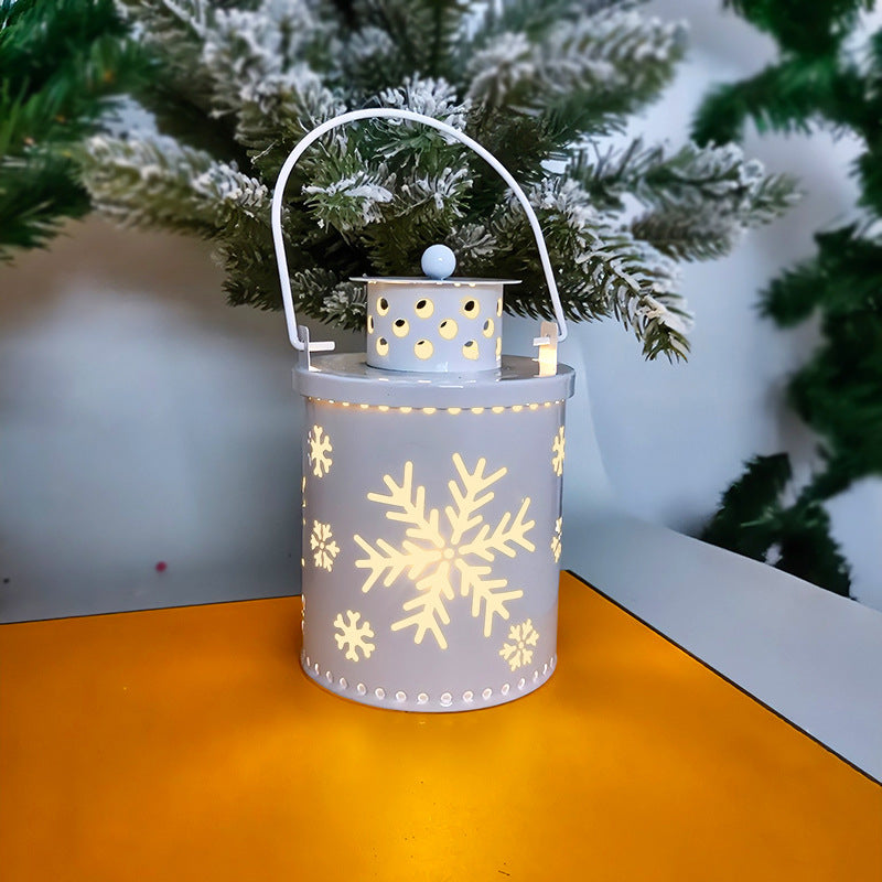 Christmas Mini Metal LED Lantern, Hollow Snowflake Reindeer Tree Pattern, Portable Hanging Night Light, Xmas Tabletop Decor for Home, Party, Holiday Decoration