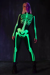 Glow-in-the-dark skeleton bodysuit, Halloween UV fluorescent skeleton cosplay outfit, stretchy long-sleeve leotard, electronic music party costume