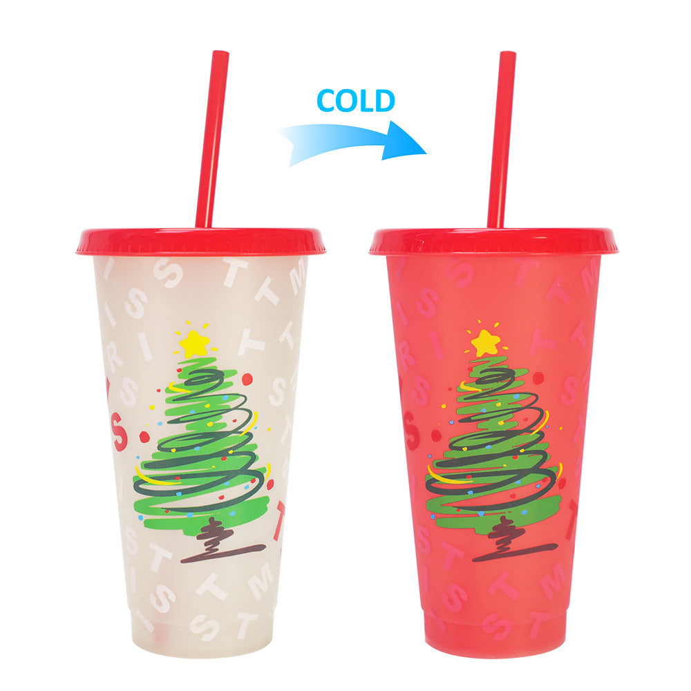 Christmas Color Changing Plastic Tumbler with Lid and Straw, 24oz Reusable Cold Cup, Christmas Tree Pattern Color Change Cup for Holiday Party, Xmas Gift for Family Friends