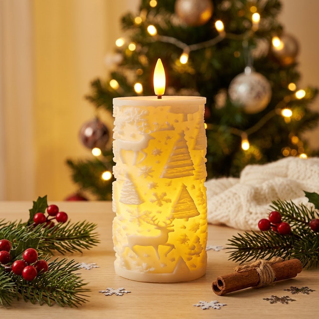 Christmas Embossed LED Flameless Candle, Flickering Realistic Flame, Snowflake Reindeer Tree Pattern, Battery Operated Pillar Candle for Xmas Home Table Decor, Holiday Gift