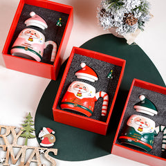 Christmas Santa Ceramic Mug with Lid & Gift Box, Cute 3D Hand-Painted Santa Coffee Cup, Holiday Xmas Gift for Family Friends