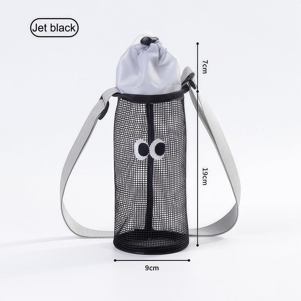 Wire mesh drawstring bag for holding water cups, bottles and thermos cups. Single-shoulder crossbody bag.