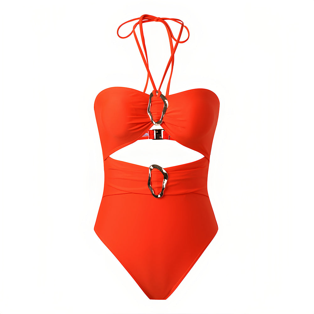 Piece Print Halter Swimsuit with Cover Up Sarong - Cutout Waist High Cut Bathing Suit
