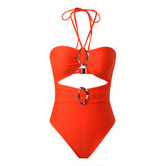 Piece Print Halter Swimsuit with Cover Up Sarong - Cutout Waist High Cut Bathing Suit