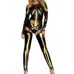 Halloween skull and skeleton print tight-fitting costume, Halloween party, costume makeup, dance party, cosplay role-play
