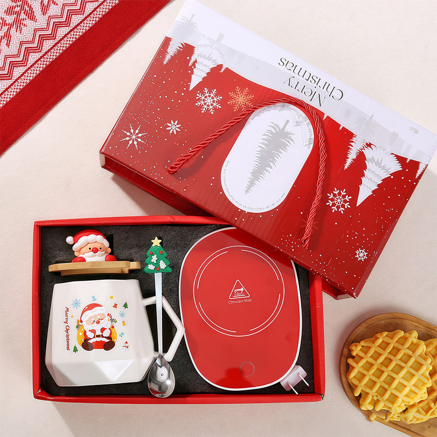 Christmas Mug Gift Set with Warmer - Santa Ceramic Coffee Mug, Wooden Lid & Tree Spoon, Holiday Keepsake Gift Box (4-Piece)