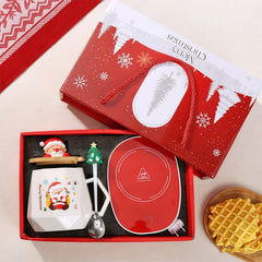 Christmas Mug Gift Set with Warmer - Santa Ceramic Coffee Mug, Wooden Lid & Tree Spoon, Holiday Keepsake Gift Box (4-Piece)