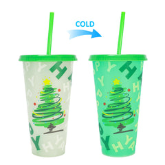 Christmas Color Changing Plastic Tumbler with Lid and Straw, 24oz Reusable Cold Cup, Christmas Tree Pattern Color Change Cup for Holiday Party, Xmas Gift for Family Friends