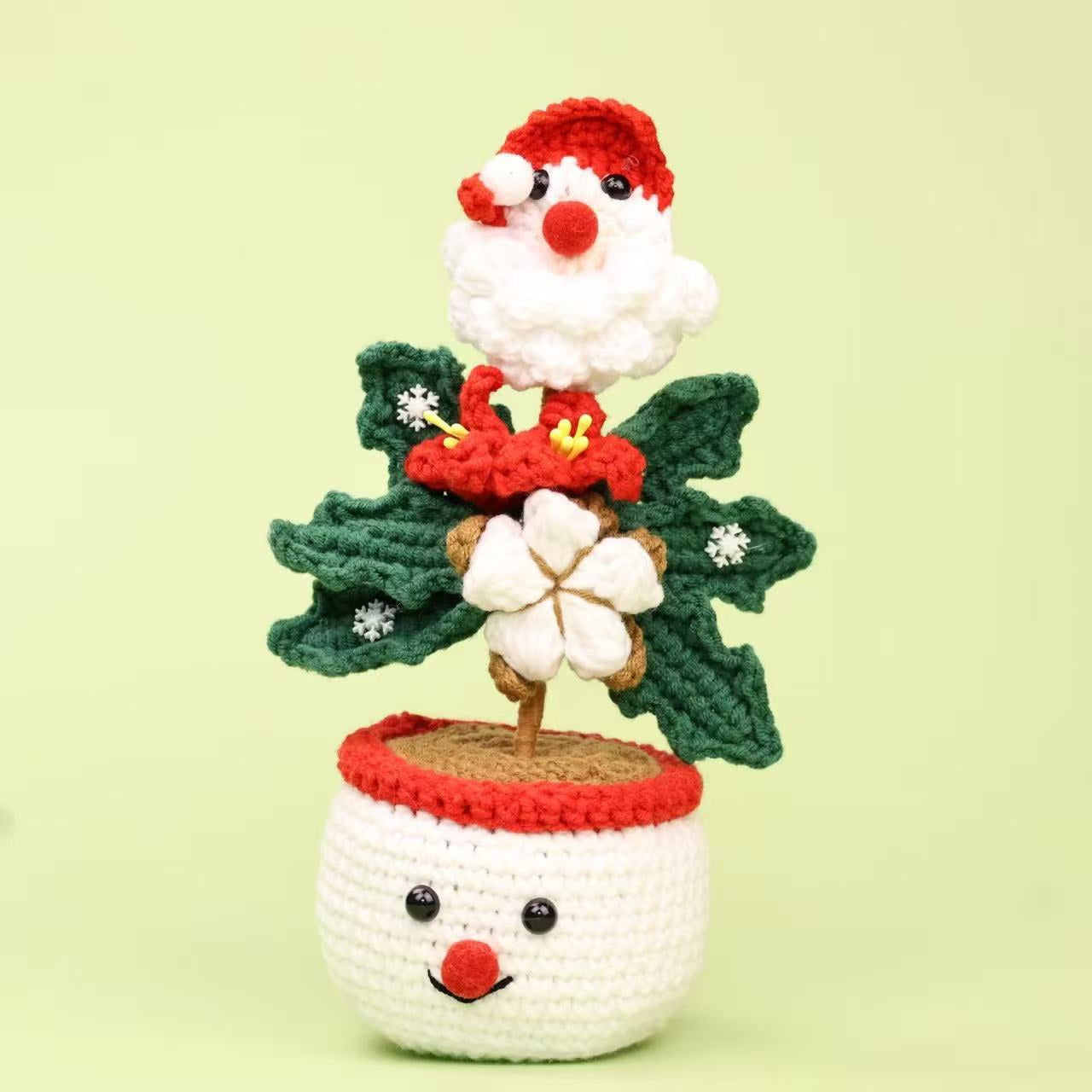 Hand Crochet Christmas Potted Ornaments, Cute Knitted Santa, Reindeer & Christmas Tree Tabletop Decor, Handmade Wool Figurine for Xmas Desktop Decoration, Holiday Gift