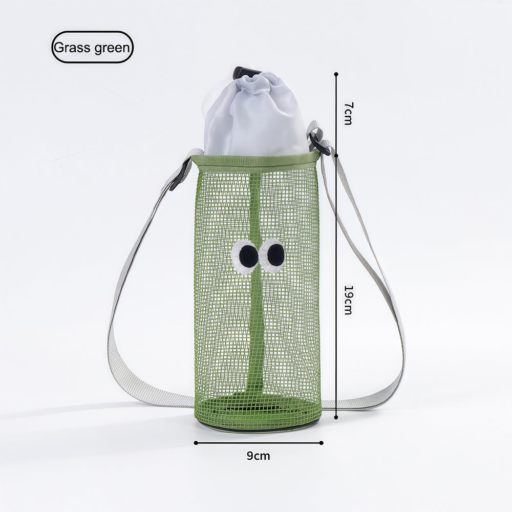 Wire mesh drawstring bag for holding water cups, bottles and thermos cups. Single-shoulder crossbody bag.
