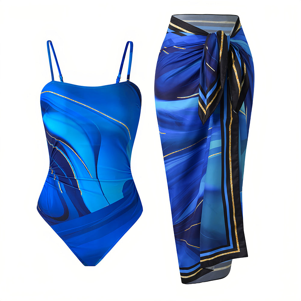 Piece Marble Print Swimsuit with Cover Up Sarong - Square Neck High Cut One Piece Bathing Suit