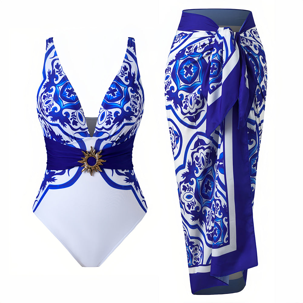 Piece Blue Tile Print Swimsuit & Sarong Set - Deep V Neck Sun Buckle One Piece Bathing Suit