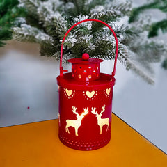 Christmas Mini Metal LED Lantern, Hollow Snowflake Reindeer Tree Pattern, Portable Hanging Night Light, Xmas Tabletop Decor for Home, Party, Holiday Decoration