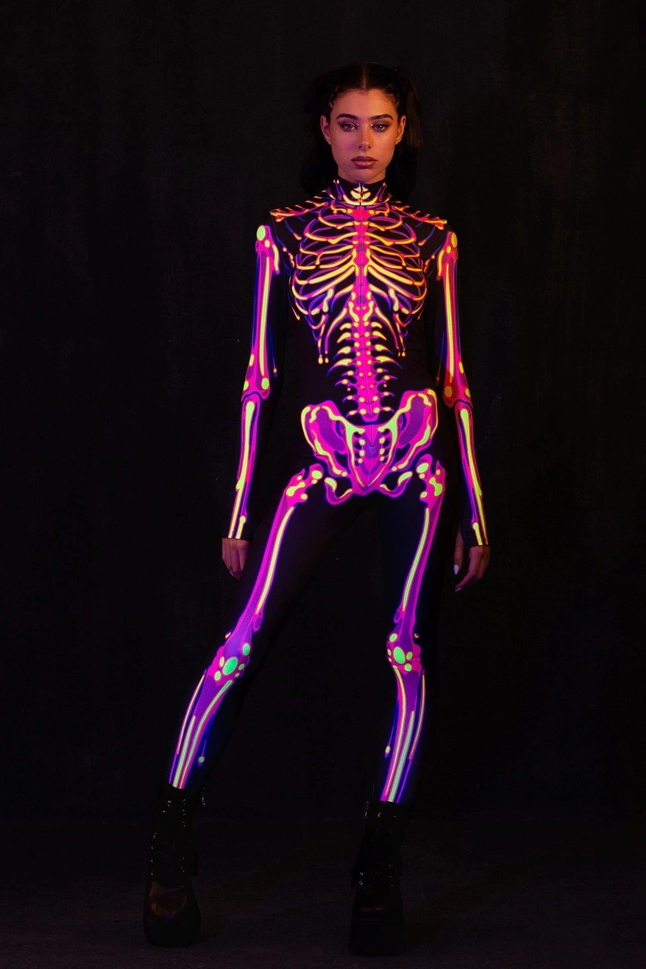Glow-in-the-dark skeleton bodysuit, Halloween UV fluorescent skeleton cosplay outfit, stretchy long-sleeve leotard, electronic music party costume