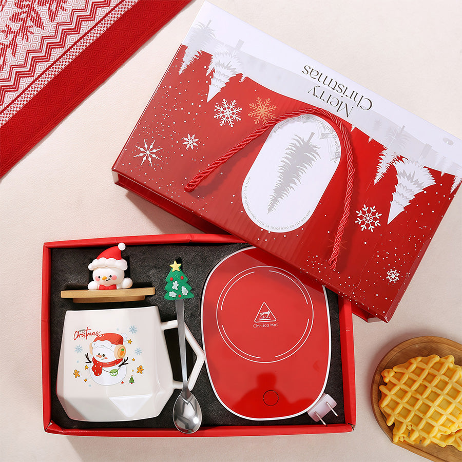 Christmas Mug Gift Set with Warmer - Santa Ceramic Coffee Mug, Wooden Lid & Tree Spoon, Holiday Keepsake Gift Box (4-Piece)