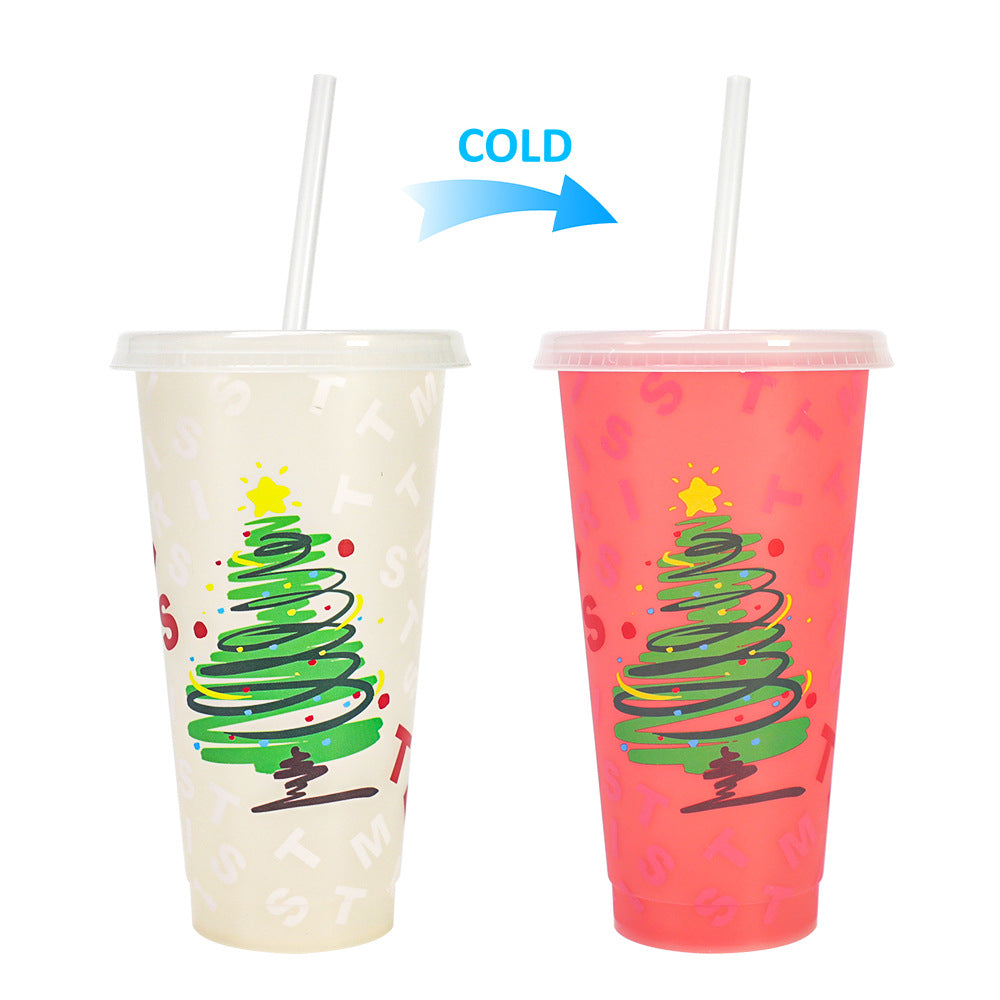 Christmas Color Changing Plastic Tumbler with Lid and Straw, 24oz Reusable Cold Cup, Christmas Tree Pattern Color Change Cup for Holiday Party, Xmas Gift for Family Friends