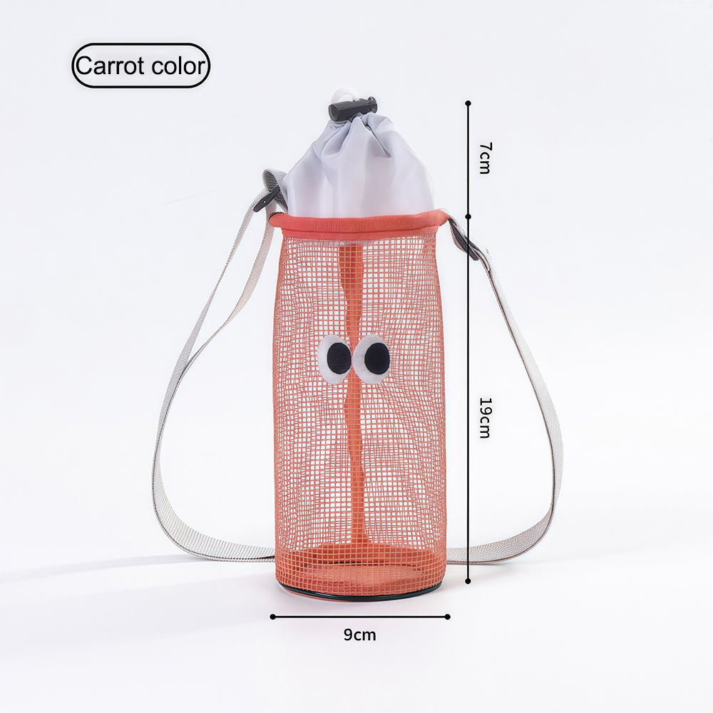 Wire mesh drawstring bag for holding water cups, bottles and thermos cups. Single-shoulder crossbody bag.