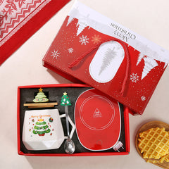 Christmas Mug Gift Set with Warmer - Santa Ceramic Coffee Mug, Wooden Lid & Tree Spoon, Holiday Keepsake Gift Box (4-Piece)