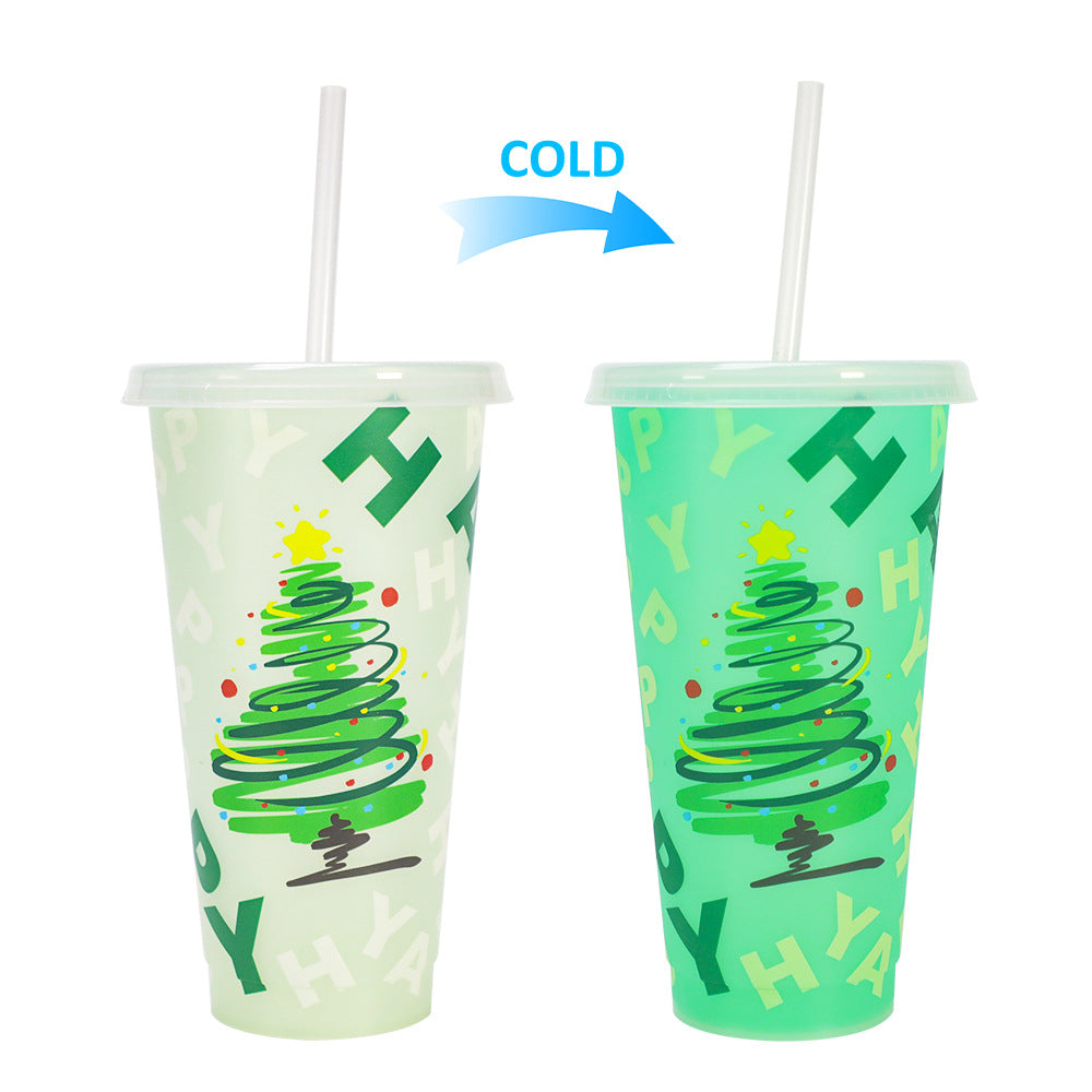 Christmas Color Changing Plastic Tumbler with Lid and Straw, 24oz Reusable Cold Cup, Christmas Tree Pattern Color Change Cup for Holiday Party, Xmas Gift for Family Friends