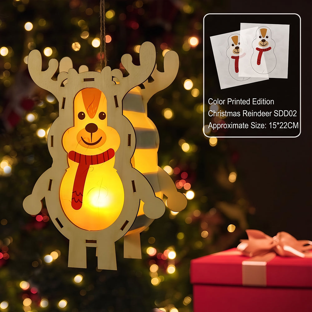 Lighted Wooden Reindeer Christmas Ornament, DIY Color Painting Elk Hanging Lamp, LED Wooden Christmas Tree Hanging Decoration for Holiday Decor
