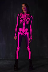 Glow-in-the-dark skeleton bodysuit, Halloween UV fluorescent skeleton cosplay outfit, stretchy long-sleeve leotard, electronic music party costume