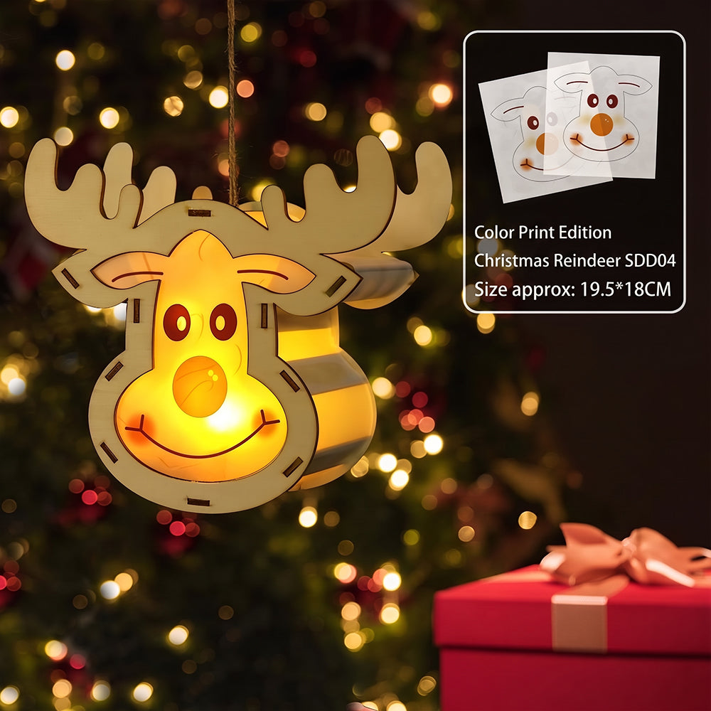 Lighted Wooden Reindeer Christmas Ornament, DIY Color Painting Elk Hanging Lamp, LED Wooden Christmas Tree Hanging Decoration for Holiday Decor